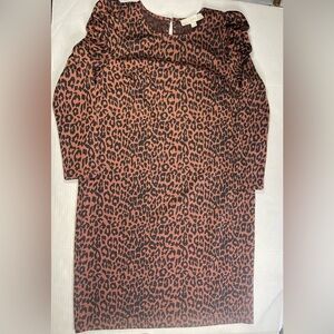 Ann Taylor Loft Leopard Print Ruched Sleeve Shift‎ Dress Size S Brown Black